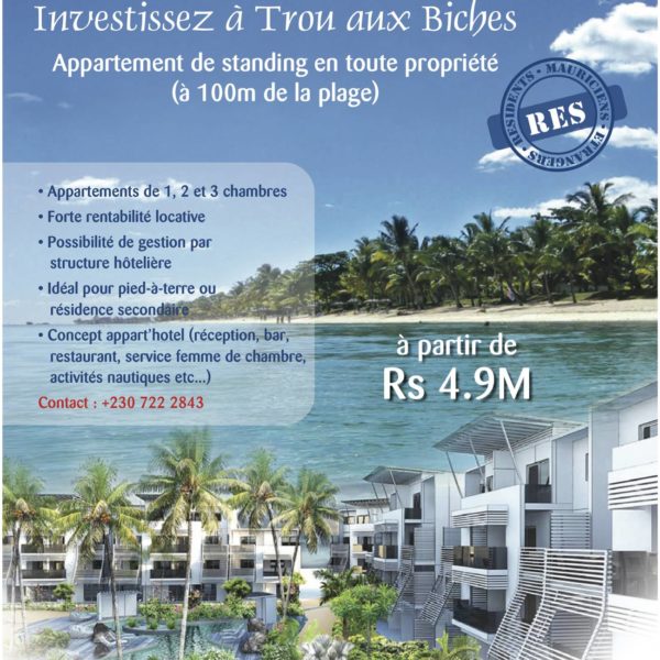 Investir à l’île Maurice vente appartement en RES à Grand baie trou aux Biches