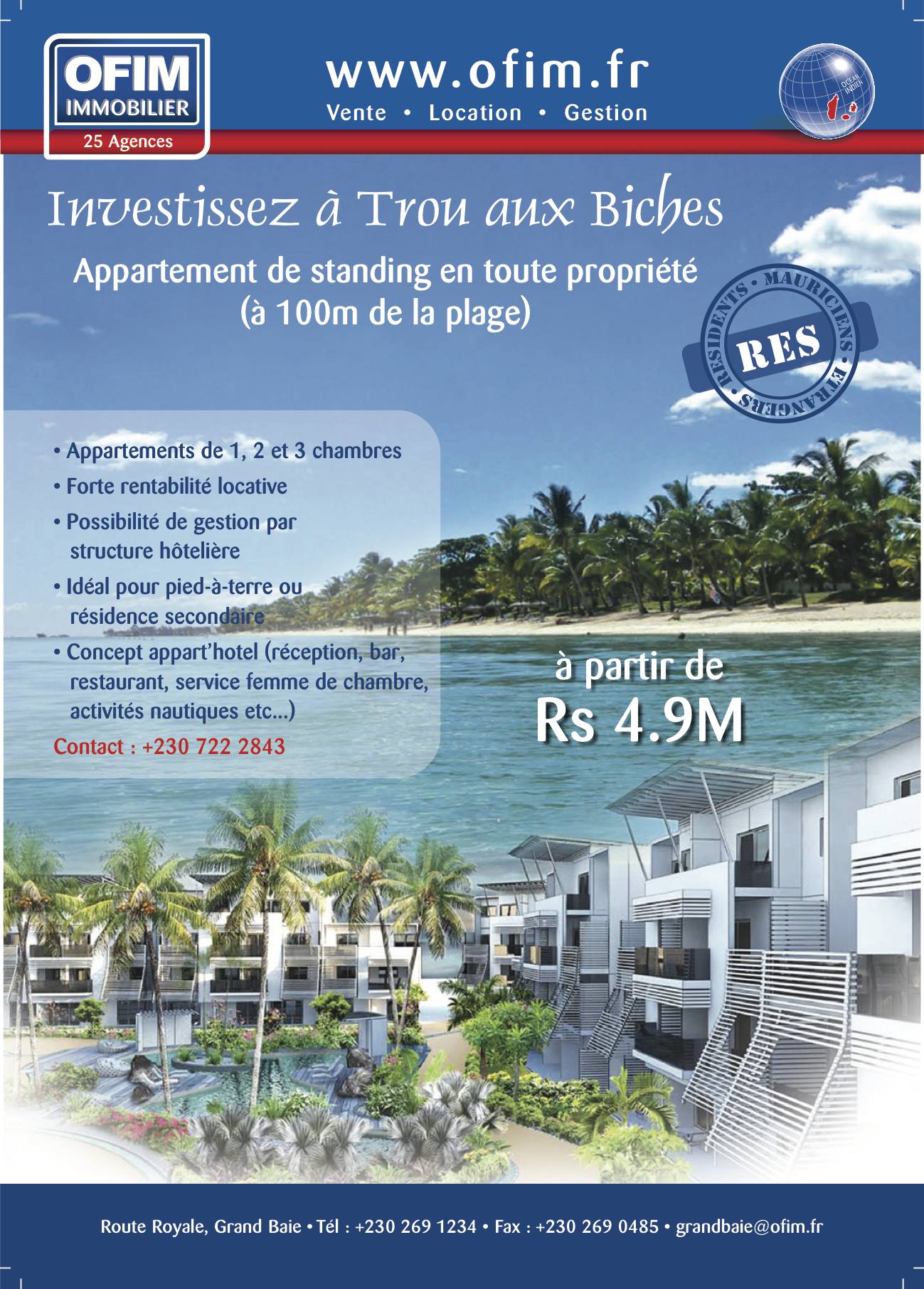 Investir à l’île Maurice vente appartement en RES à Grand baie trou aux Biches